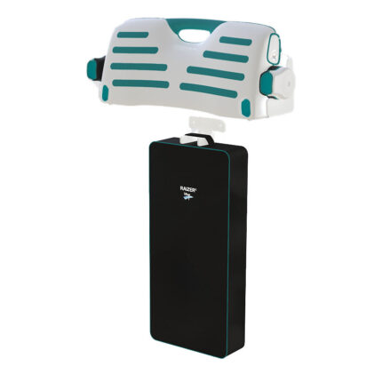 Muurbeugel voor de raizer. Raizer M zitting afgebeeld met daaronder de draagtas met poten en onderdelen. Beide hangen aan de muurbeugel.