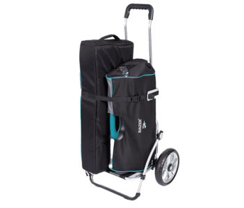 Raizer trolley. Trolley afgebeeld met draagtas voor poten en onderdelen en hoes voor zitting.