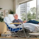 WeTurn Family. Op afbeelding vrouw in kamer op Freedom Easy Up. Met Freedom Easy Up kan de zorgvrager zelfstandig, veilig en comfortabel van een lig- tot zitpositie komen en van een zitpositie tot staan komen en andersom.