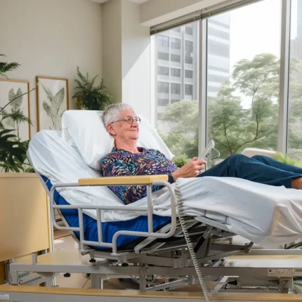 WeTurn Family. Op afbeelding vrouw in kamer op Freedom Easy Up. Met Freedom Easy Up kan de zorgvrager zelfstandig, veilig en comfortabel van een lig- tot zitpositie komen en van een zitpositie tot staan komen en andersom.