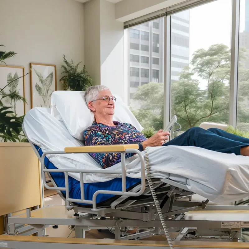 WeTurn Family. Op afbeelding vrouw in kamer op Freedom Easy Up. Met Freedom Easy Up kan de zorgvrager zelfstandig, veilig en comfortabel van een lig- tot zitpositie komen en van een zitpositie tot staan komen en andersom.