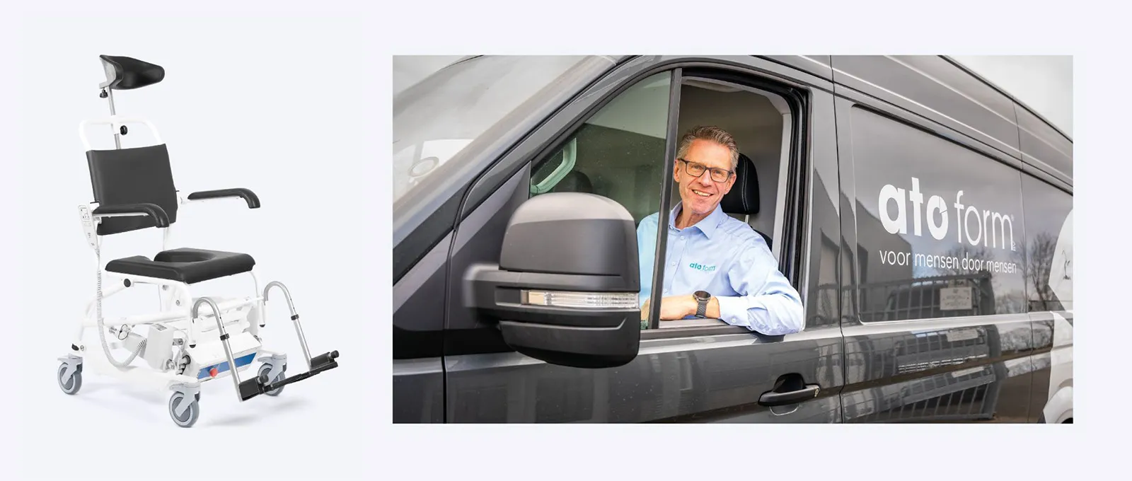 Ervaring anytoilet. Links een foto van een anytoilet en rechts Menno in zijn bus.