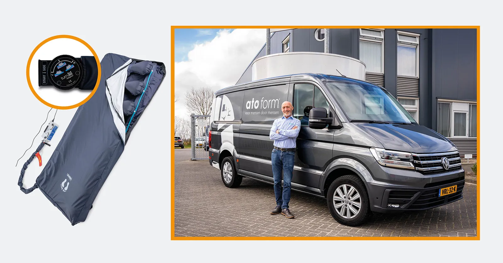 Turn All | Wisselligging op maat. Johan staat bij zijn bus. Op deze bus staat de naam ATO FORM.