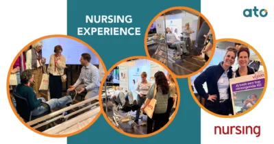 Nursing Experience, 4 inleg foto's van Wesley die een Soqqie demonstreert, Chantal met een douche-toiletstoel, Chantal en Wesley, en Petra die samen met iemand poseert. In de reflectie zie je Chantal die een foto neemt.