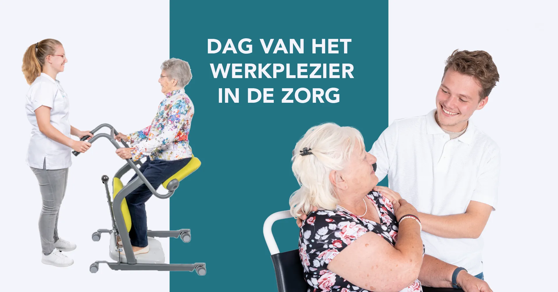 Dag van het werkplezier in de zorg. Zorgverlener met zorvrager op een Mover en Zorgverlener met zorgvrager op Change. Beide scenes hebben ze plezier met elkaar.