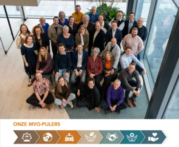 MVO in de zorg. MVO pijlers te zien en een groepsfoto.