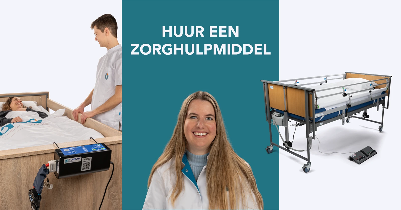 Huur een zorghulpmiddel. Op de afbeelding is links een scene met turnall, in midden een zorggever en rechts de turnaid met voetbediening.