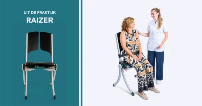 Cliënt veilig omhoog helpen na val, op de foto staat de tekst: Uit de praktijk Raizer. Daarbij is de Raizer afgebeeld. Daarnaast een scene met iemand die net omhoog is geholpen met behulp van één persoon en Raizer.