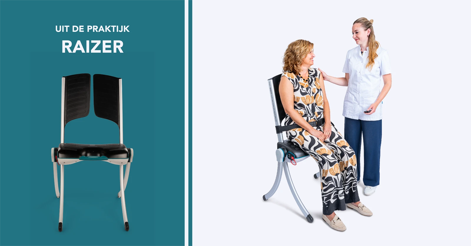 Cliënt veilig omhoog helpen na val, op de foto staat de tekst: Uit de praktijk Raizer. Daarbij is de Raizer afgebeeld. Daarnaast een scene met iemand die net omhoog is geholpen met behulp van één persoon en Raizer.