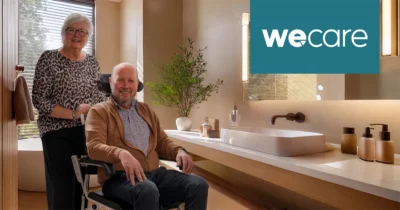 Dagelijkse verzorging veiliger en minder belastend maken. Op de foto: Een oudere vrouw staat achter een lachende man in een rolstoel in een moderne badkamer, met het logo “wecare” rechtsboven in beeld.