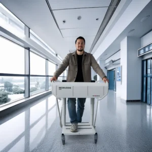 Joep presenteert de BedBuddie, bed-naar-bed-transfer. Deze vermindert fysieke belasting van zorgverleners.