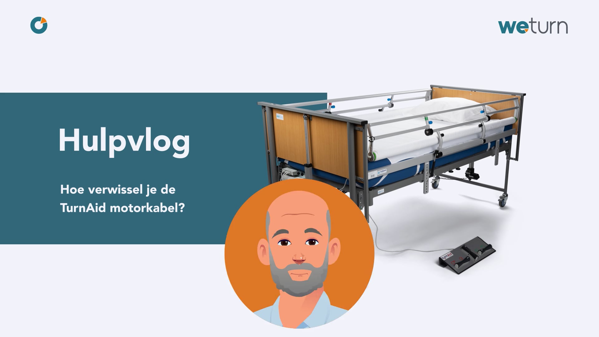 Hulpvlog thumbnail: animatiefiguur Ato voor een TurnAid op een verpleegbed met de tekst 'Hoe verwissel je de TurnAid motorkabel?'
