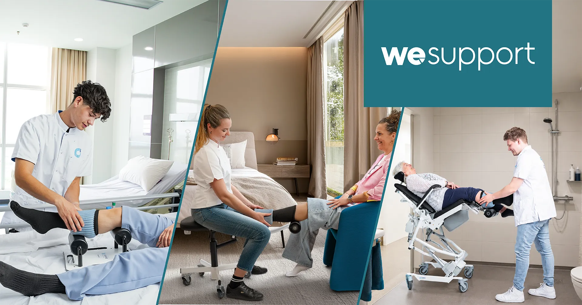 Collage van drie foto's waarop zorgprofessionals van WeSupport patiënten begeleiden in verschillende zorgsituaties: een zorgverlener ondersteunt een patiënt in een ziekenhuisbed, een verzorgende helpt een cliënt op een speciale stoel aan bed, en een zorgmedewerker assisteert een oudere vrouw in een kantelbare transferstoel in een badkamer. Rechtsboven het WeSupport-logo.