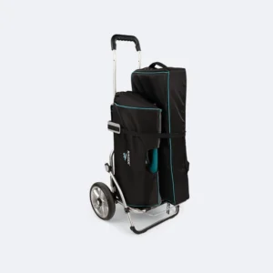 Raizer Trolley met de draagtas en de opberghoes van de Raizer II erop vastgezet met een spanband