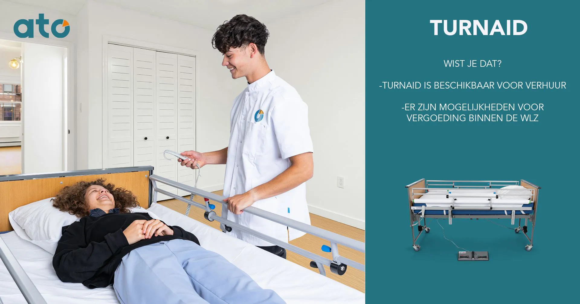 Zorgverlener bedient de TurnAid met een handbediening terwijl een zorgvrager comfortabel in bed ligt. Rechts een productfoto van het TurnAid elektrisch wentelsysteem.