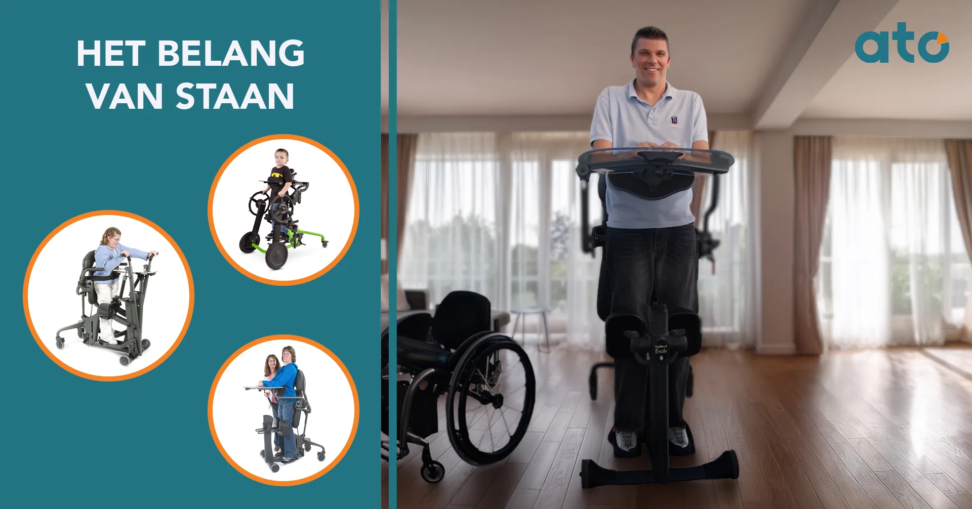 Het belang van staan. Man staat met een EasyStand Evolv naast zijn rolstoel, met drie EasyStand-modellen in beeld.