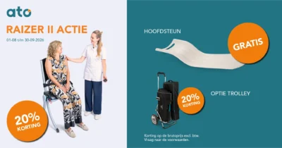 Actie Raizer II van 1 augustus tot en met 30 september 2026. Links een vrouw die op Raizer II zit met een zorgverlener naast haar, rechts de hoofdsteun gratis en de trolley met 20% korting.