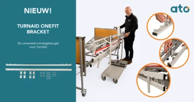 TurnAid Onefit. Links de twee rails met montagemateriaal, rechts een medewerker die TurnAid op een zorgbed plaatst, met drie detailfoto's van de bevestiging.