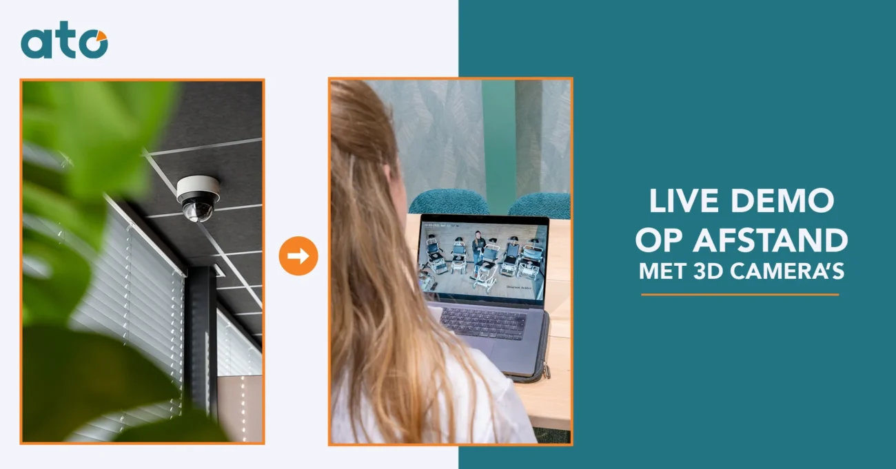 Demo op afstand met 3D-camera's. Links een 3D-camera aan een systeemplafond naast een raam met jaloezieën, rechts een vrouw die achter een laptop meekijkt met de camerabeelden van een showroom vol douche-toiletstoelen.