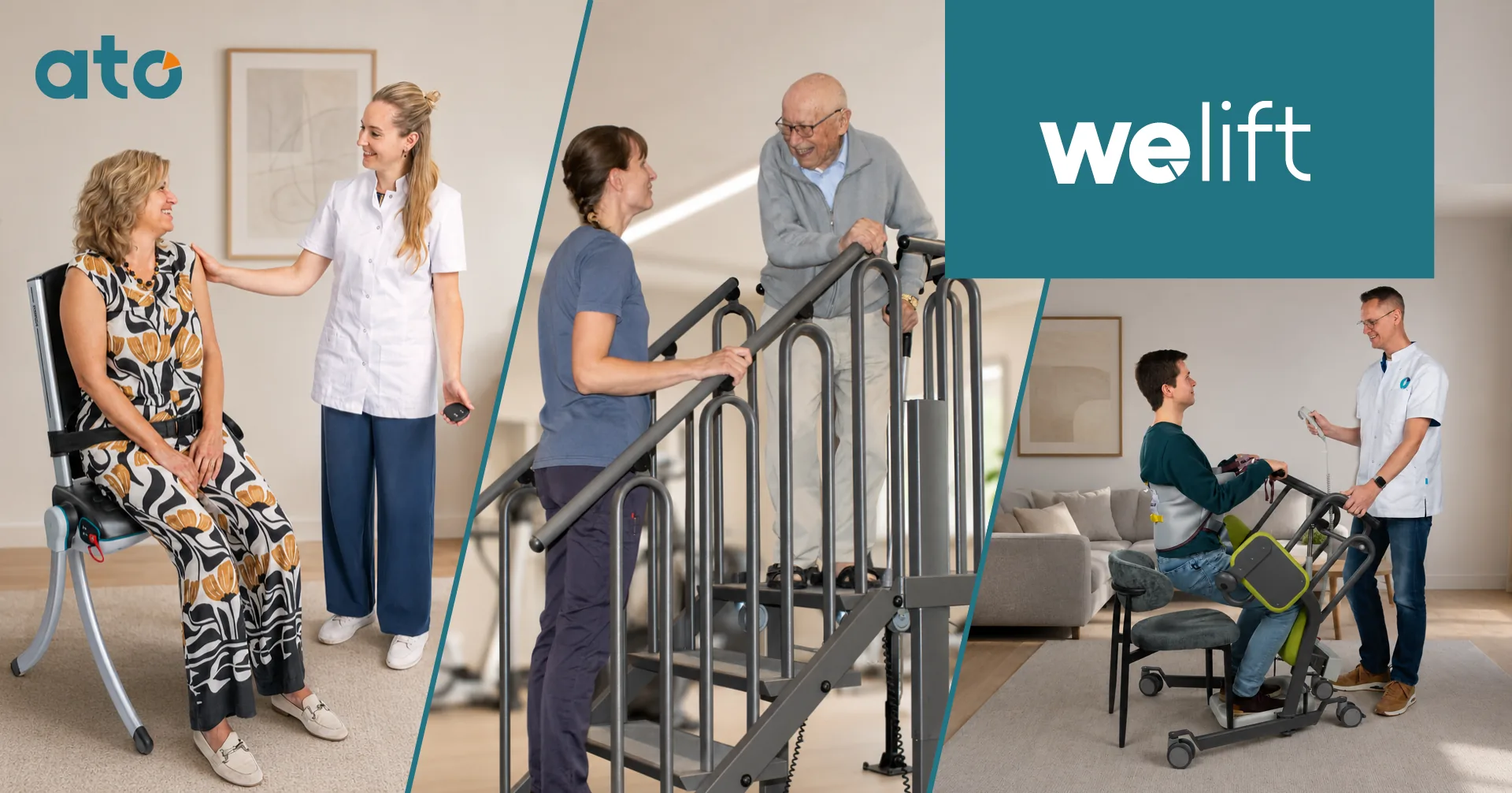 WeLift Family van ATO. Drie zorgmomenten: een vrouw komt overeind met een opstahulp, een oudere man traint traplopen op de StairTrainer, en een jongen maakt een transfer met begeleiding van een zorgverlener.
