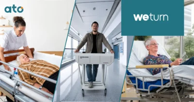 WeTurn Family. Drie beelden naast elkaar: een verzorgende die iemand in bed op de zij draait, een medewerker die BedBuddie door een ziekenhuisgang rijdt, en een vrouw die zichzelf met een handbediening in bed verstelt.