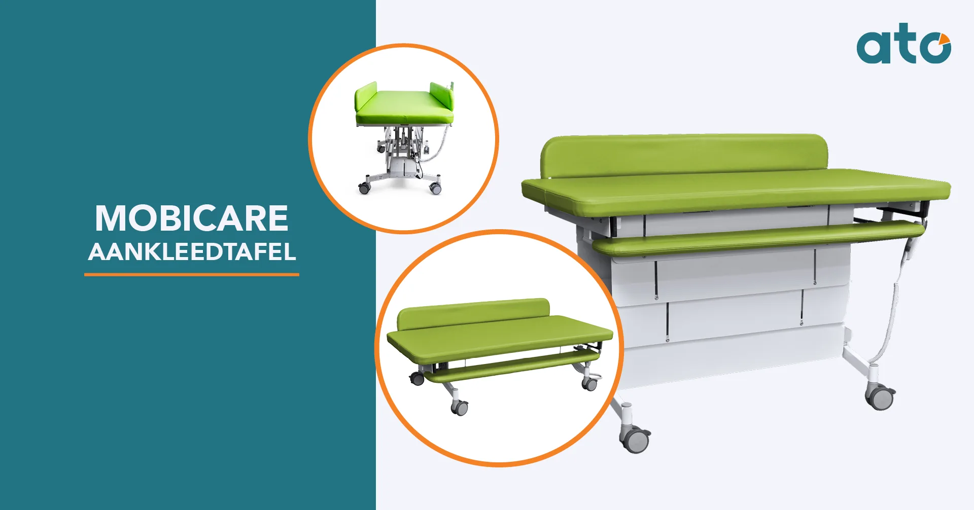 MobiCare aankleedtafel. Een aankleedtafel met groene bekleding en opstaande rand op zwenkwielen, met daarnaast twee ronde uitsneden die dezelfde tafel van de zijkant tonen, een keer omhoog met het schaarframe zichtbaar en een keer in de laagste stand.