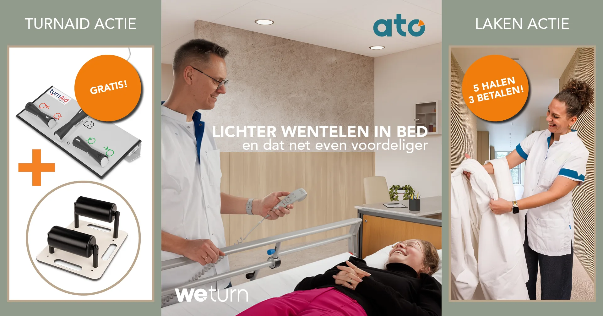 Actiebeeld in drie delen. Links onder de kop TurnAid actie een voetbediening met het TurnAid-logo en een witte plaat met twee zwarte rollen, met een oranje sticker met de tekst gratis. In het midden een zorgverlener met een afstandsbediening in zijn hand naast een bed met hekken, waarin een lachende jonge vrouw ligt, met de tekst lichter wentelen in bed en dat net even voordeliger en het logo van WeTurn. Rechts onder de kop laken actie een lachende zorgverlener met een wit laken in haar handen, met een oranje sticker met de tekst 5 halen 3 betalen.